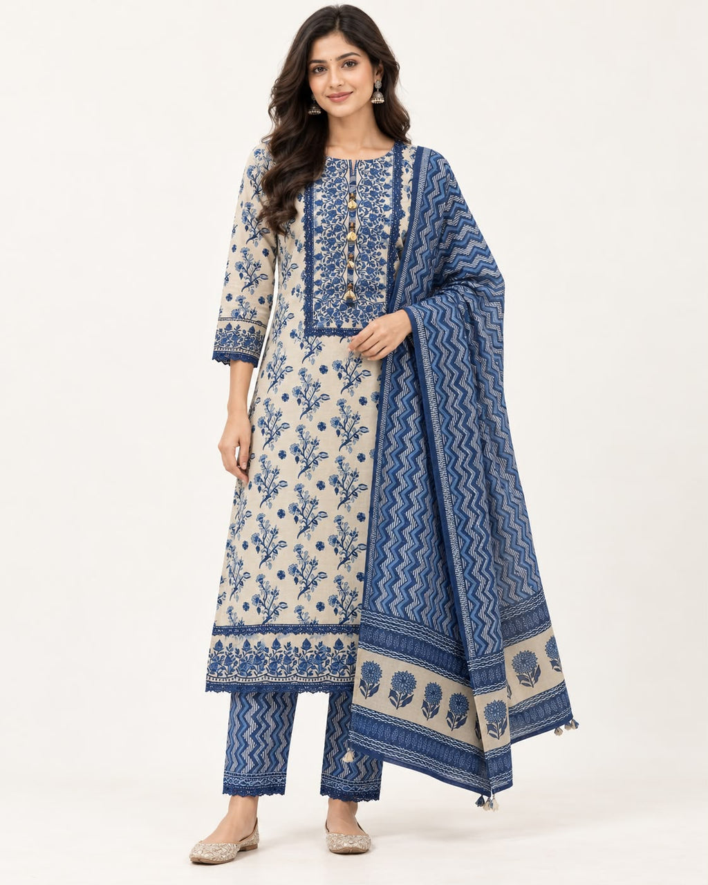 Ink Blue Printed Rayon Suit Set with Matching Dupatta