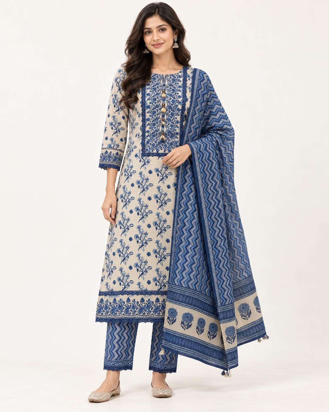 Ink Blue Printed Rayon Suit Set with Matching Dupatta