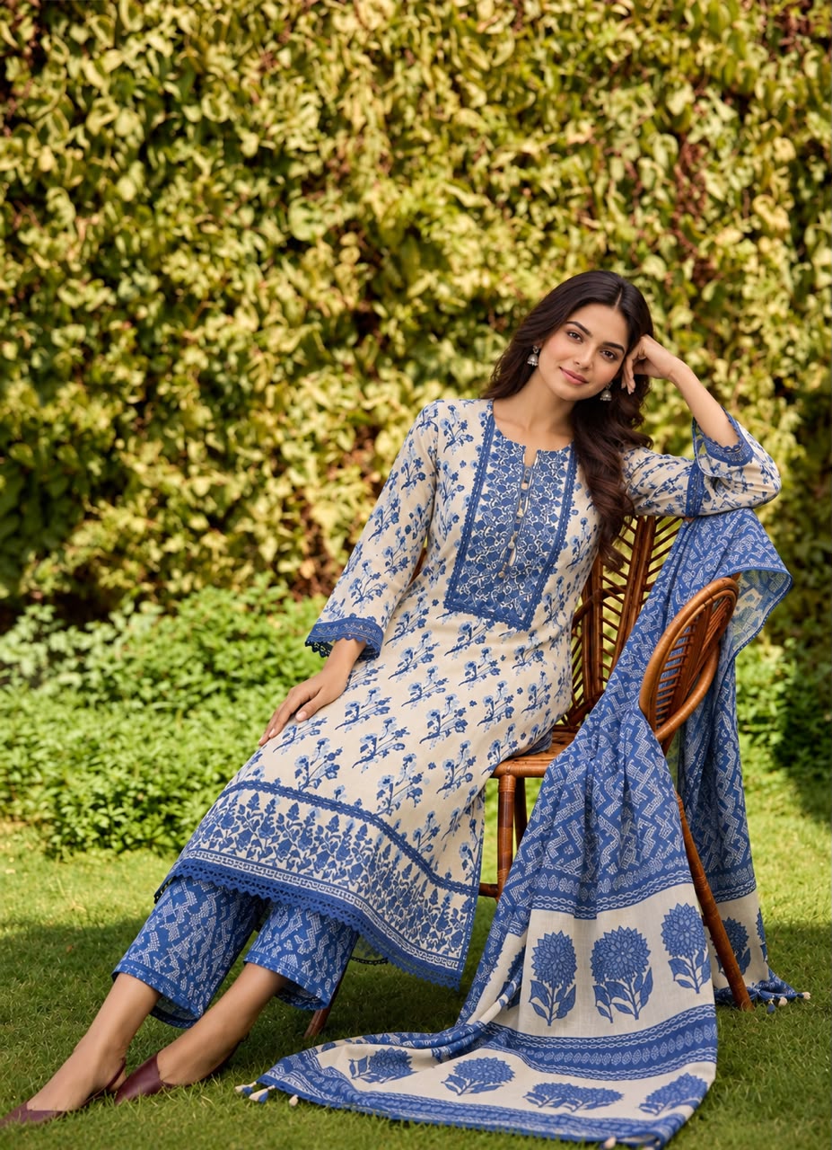 Ink Blue Printed Rayon Suit Set with Matching Dupatta