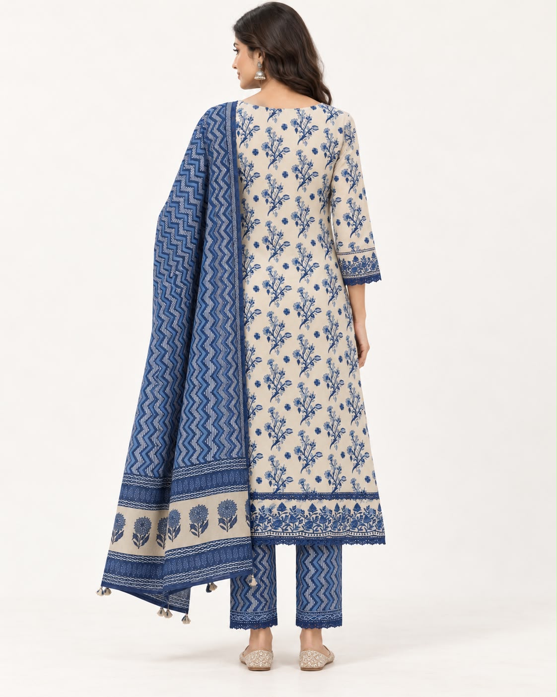Ink Blue Printed Rayon Suit Set with Matching Dupatta