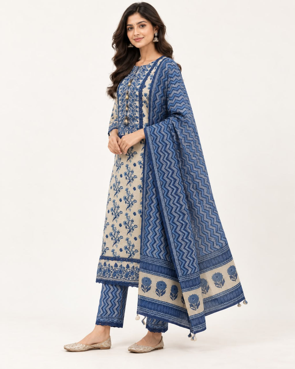 Ink Blue Printed Rayon Suit Set with Matching Dupatta
