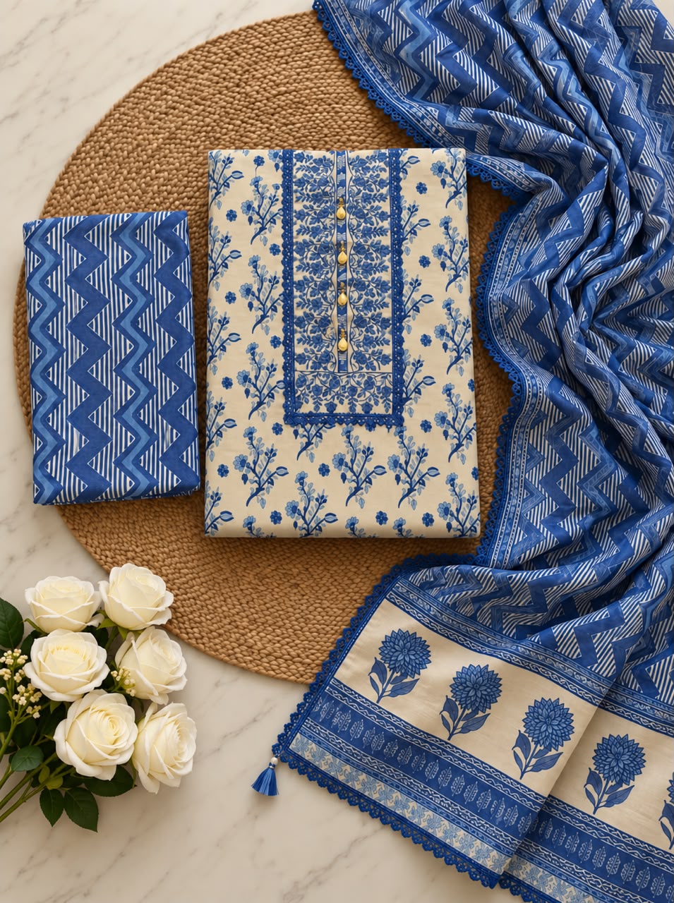 Ink Blue Printed Rayon Suit Set with Matching Dupatta