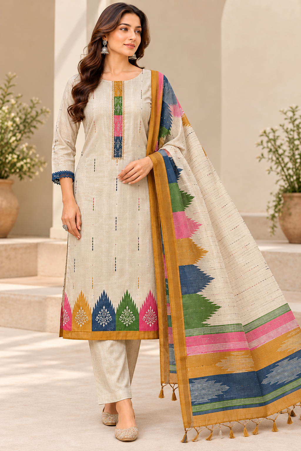 Light Beige Mal Silk Unstitched Suit Material with Multicolour Border