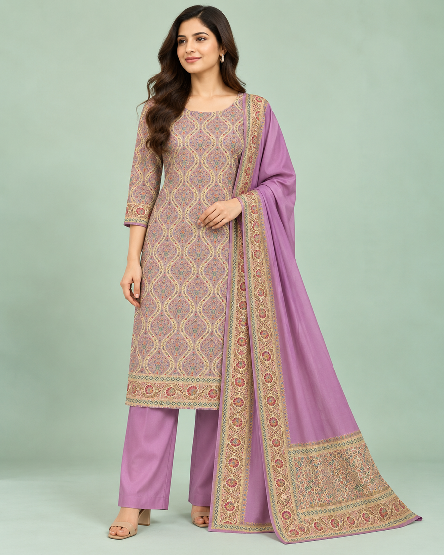 Purple Jacquard Silk Unstitched Dress Material with Dupatta