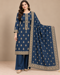Navy Blue Silk Blend Unstitched Dress Material with Golden Border Dupatta