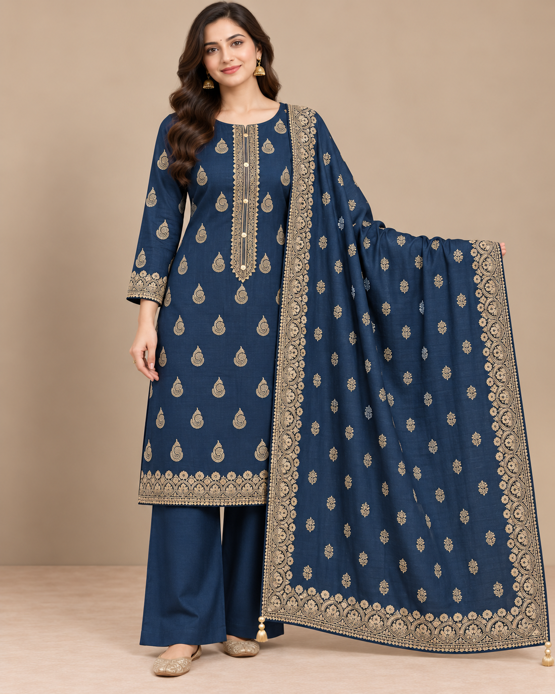 Navy Blue Silk Blend Unstitched Dress Material with Golden Border Dupatta