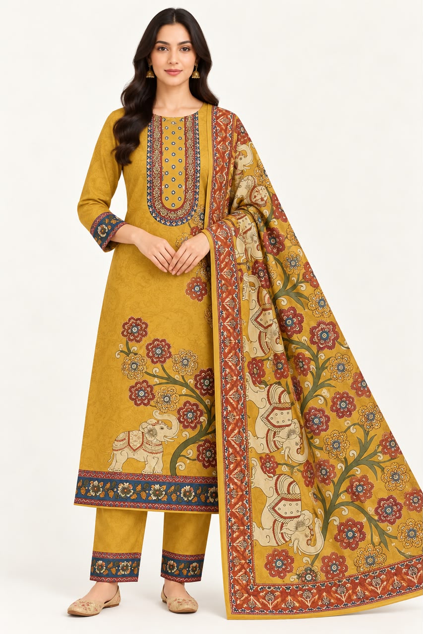 Ochre Cotton Unstitched Dress Material with Traditional Printed Dupatta
