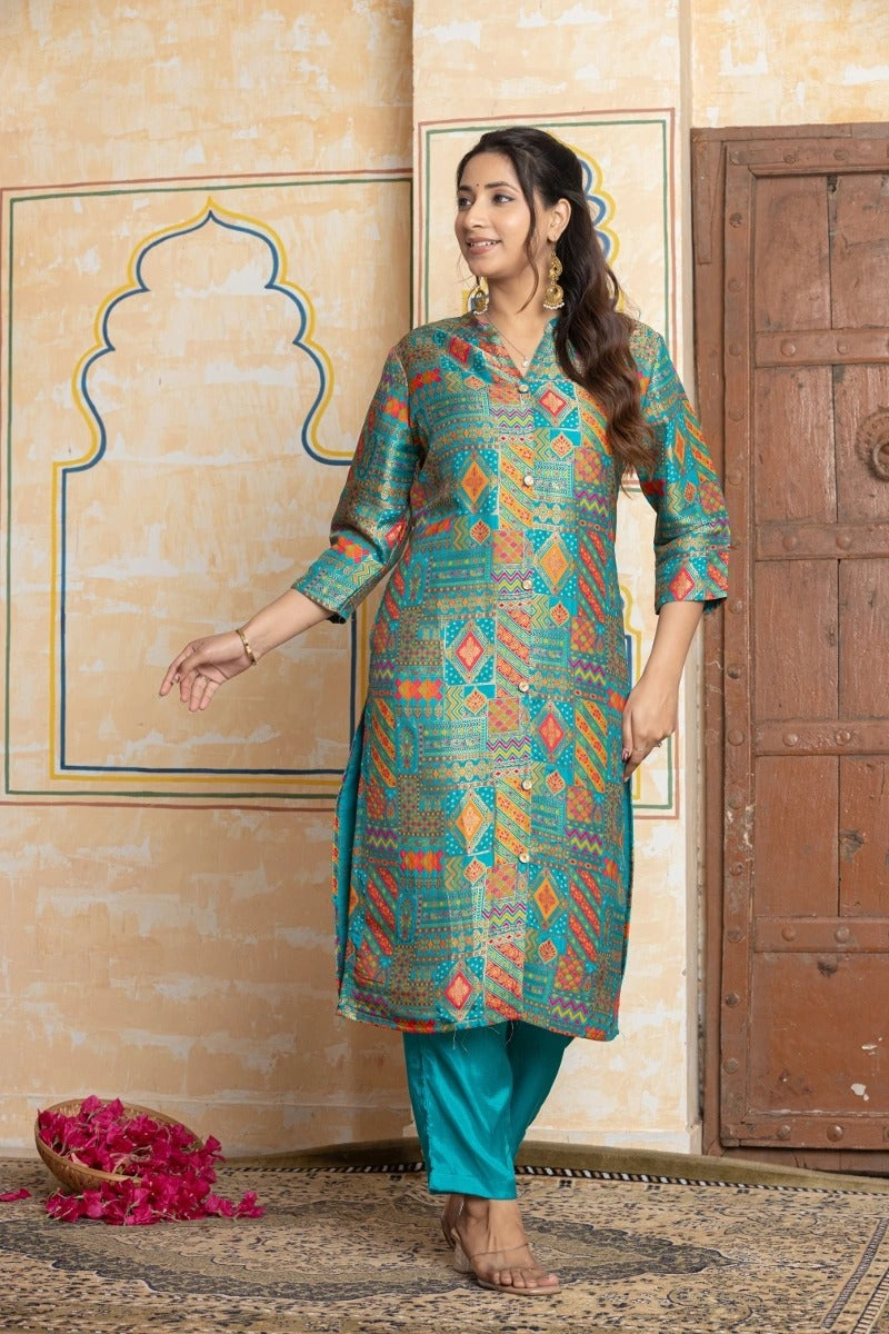 Blue Jacquard Silk Kurtee & Bottom Set