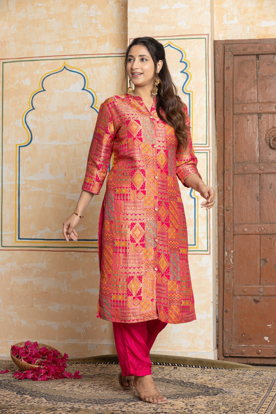 Pink Jacquard Silk Kurtee & Bottom Set