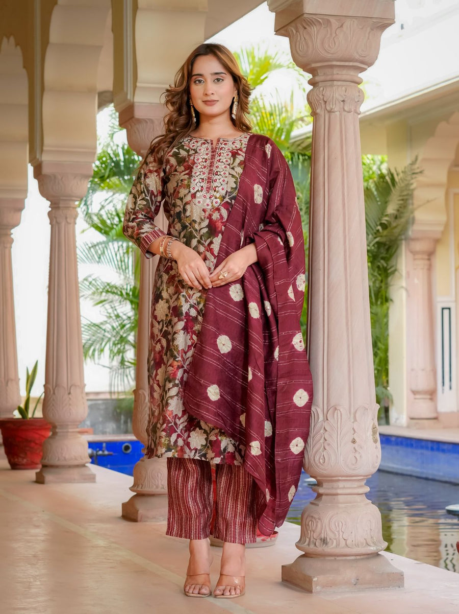 House of Sdaa Floral Printed Mehroon  Kurta Set . HSDAAMLSK000009