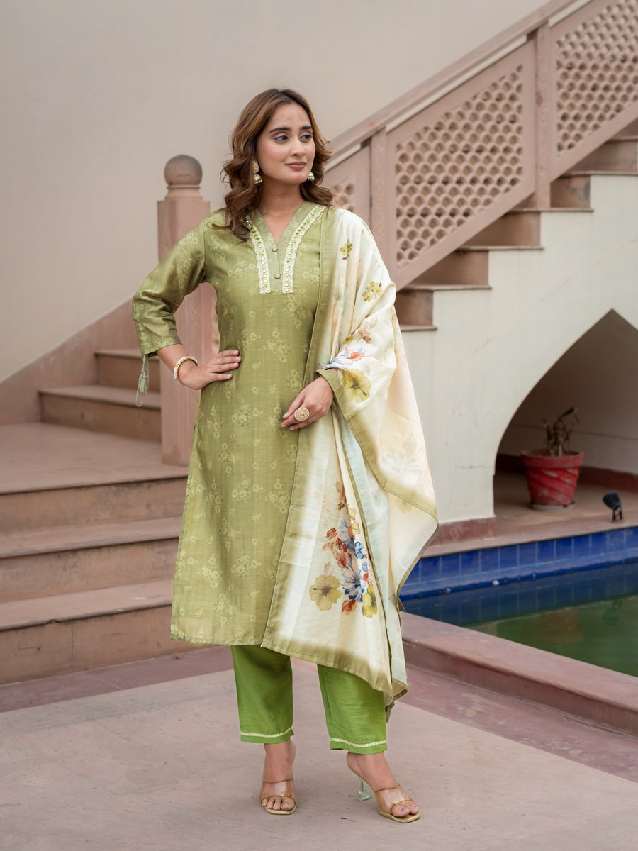 Houseofsdaa Sage Green Embroidered Kurta Set. HSDAAMLSK000018