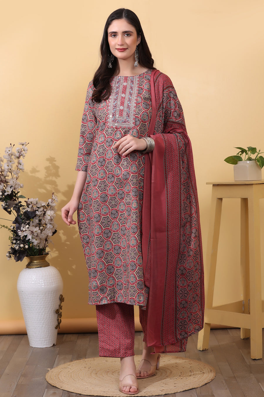 Dusty Rose Printed Kurta Set.