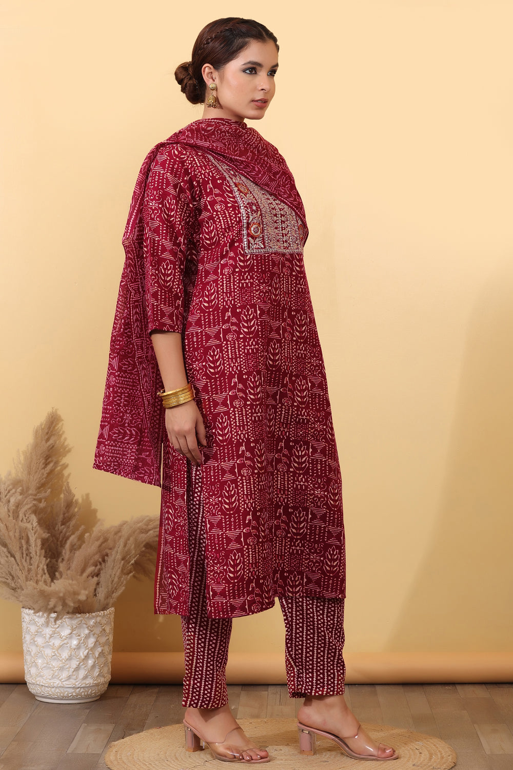 House of Sdaa Maroon Printed Kurta Set , HSDAAMLSK000025