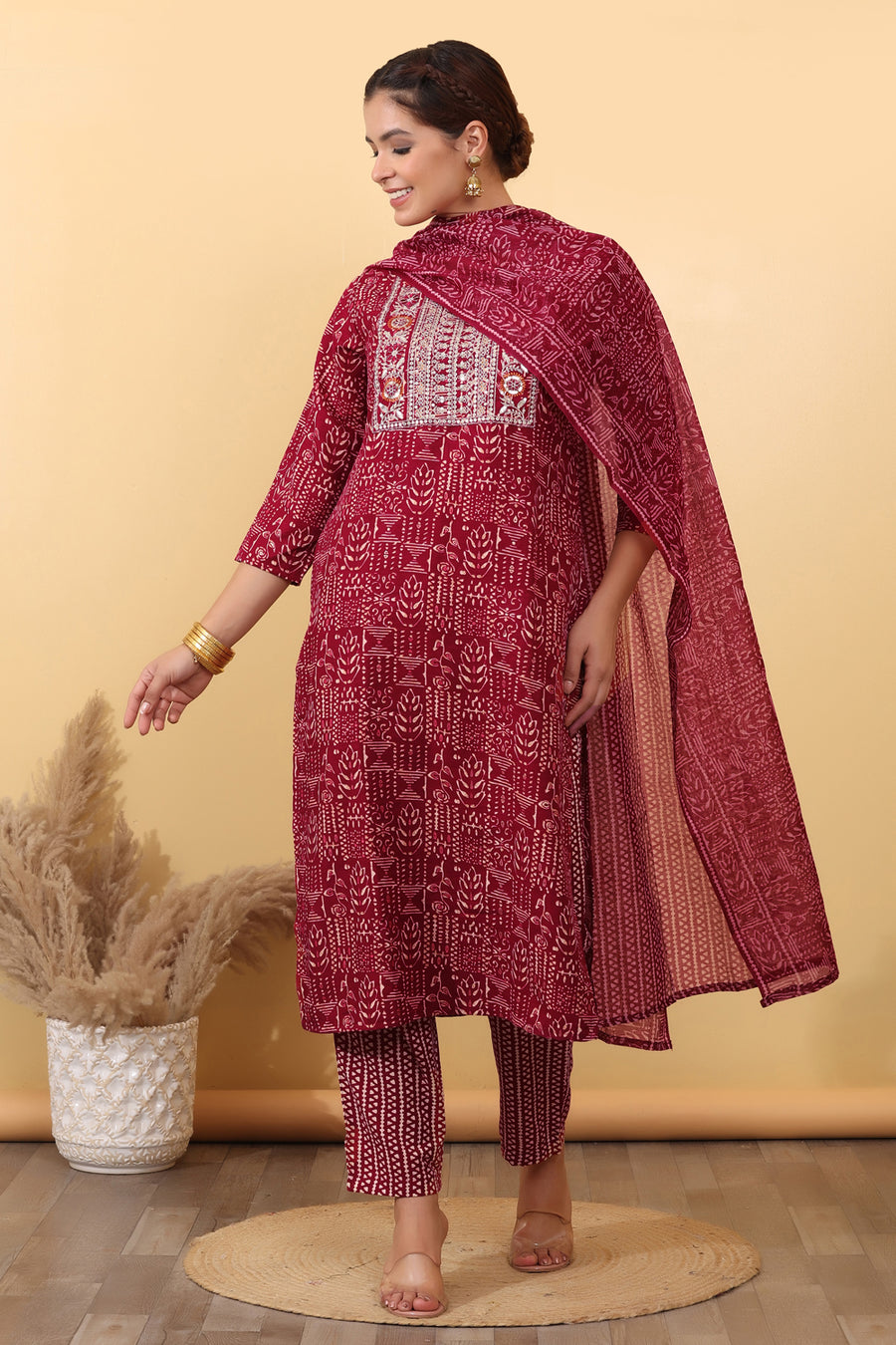 House of Sdaa Maroon Printed Kurta Set , HSDAAMLSK000025