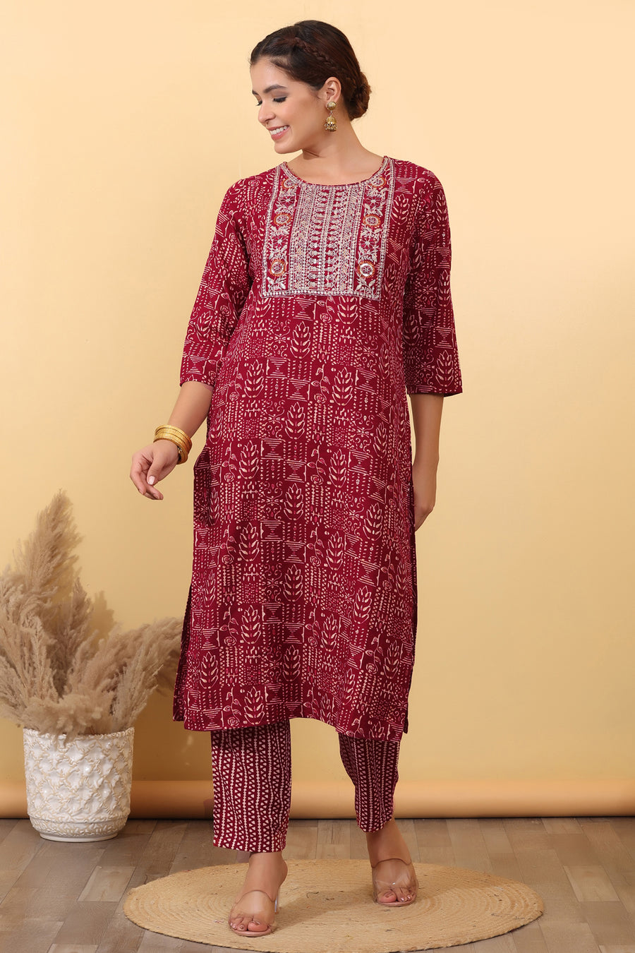 House of Sdaa Maroon Printed Kurta Set , HSDAAMLSK000025