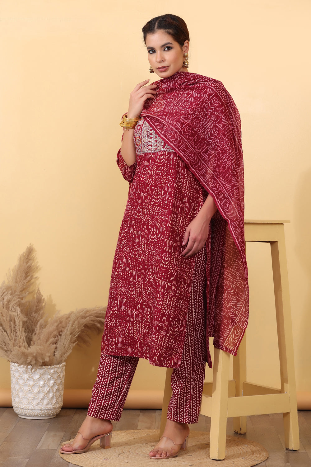 House of Sdaa Maroon Printed Kurta Set , HSDAAMLSK000025