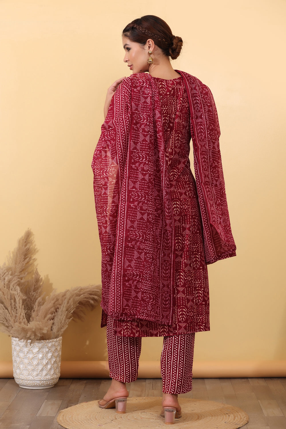 House of Sdaa Maroon Printed Kurta Set , HSDAAMLSK000025