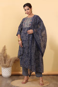 Midnight Blue Printed Cotton Suit Set with Embroidered Yoke & Dupatta HSDAAMLSK00005