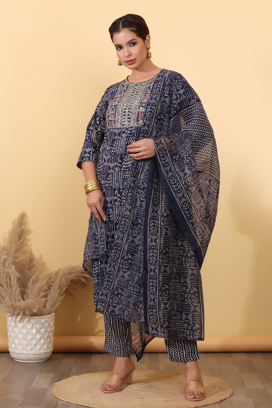 Midnight Blue Printed Cotton Suit Set with Embroidered Yoke & Dupatta HSDAAMLSK00005