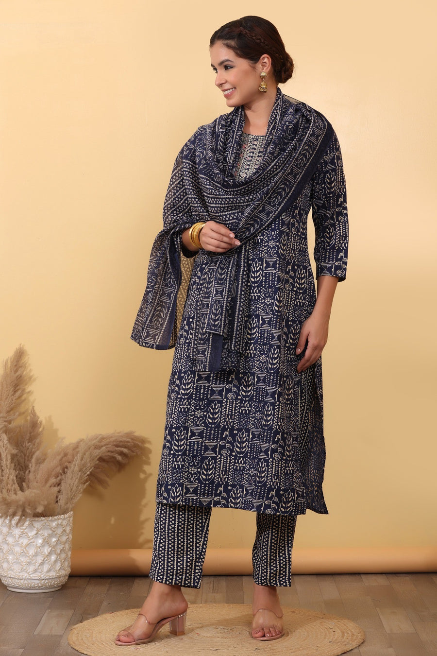 Midnight Blue Printed Cotton Suit Set with Embroidered Yoke & Dupatta HSDAAMLSK00005