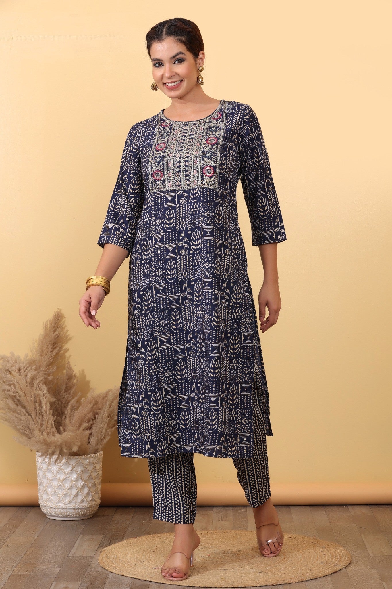 Midnight Blue Printed Cotton Suit Set with Embroidered Yoke & Dupatta HSDAAMLSK00005