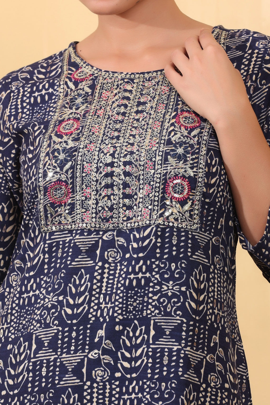 Midnight Blue Printed Cotton Suit Set with Embroidered Yoke & Dupatta HSDAAMLSK00005