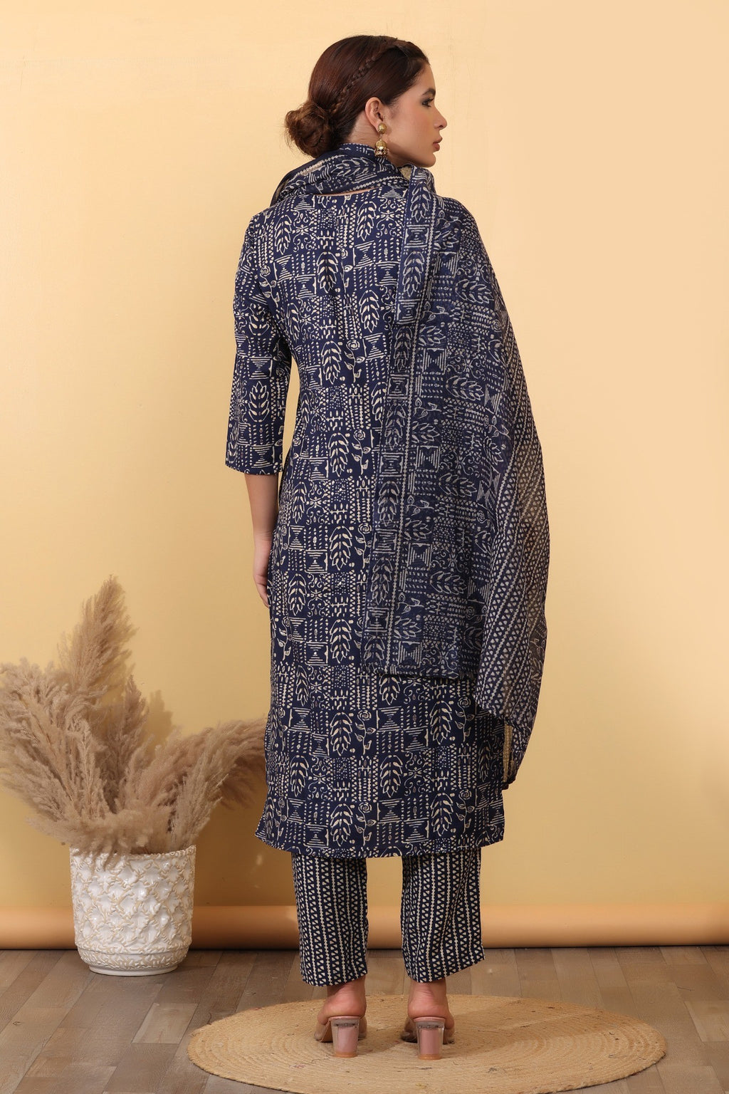 Midnight Blue Printed Cotton Suit Set with Embroidered Yoke & Dupatta HSDAAMLSK00005