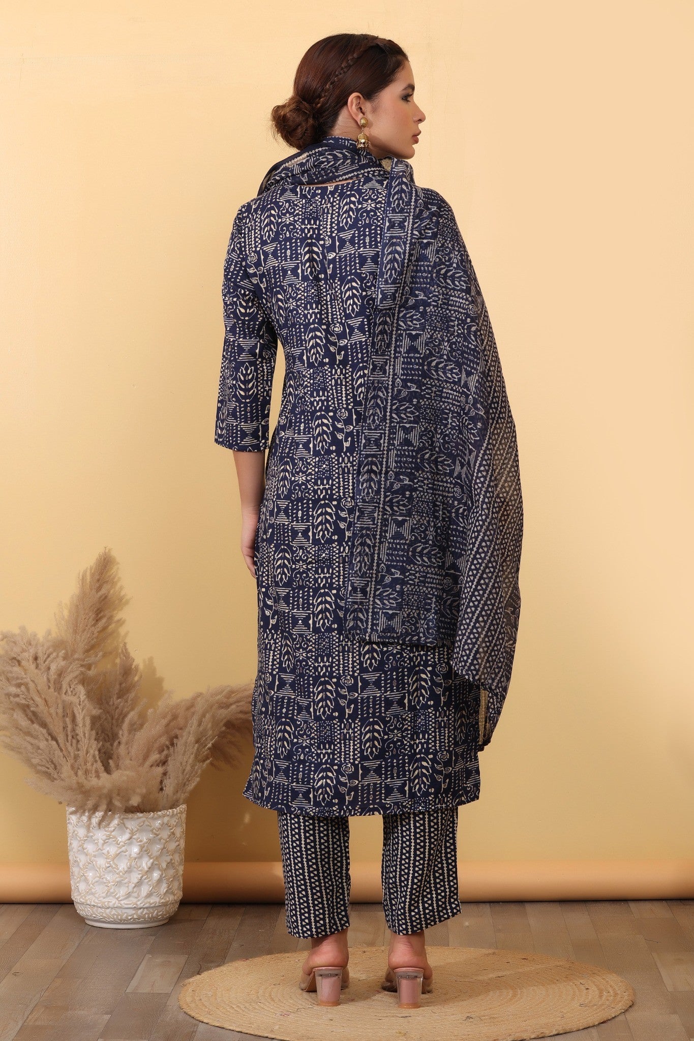 Midnight Blue Printed Cotton Suit Set with Embroidered Yoke & Dupatta HSDAAMLSK00005