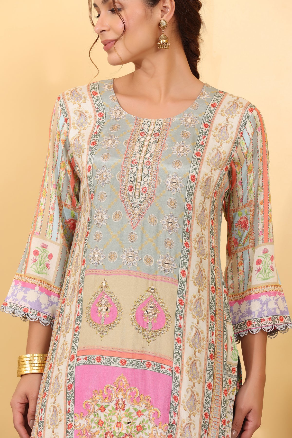 Grey Pink Cream Maslin Silk Printed Salwar Kurta Dupatta Set for Women