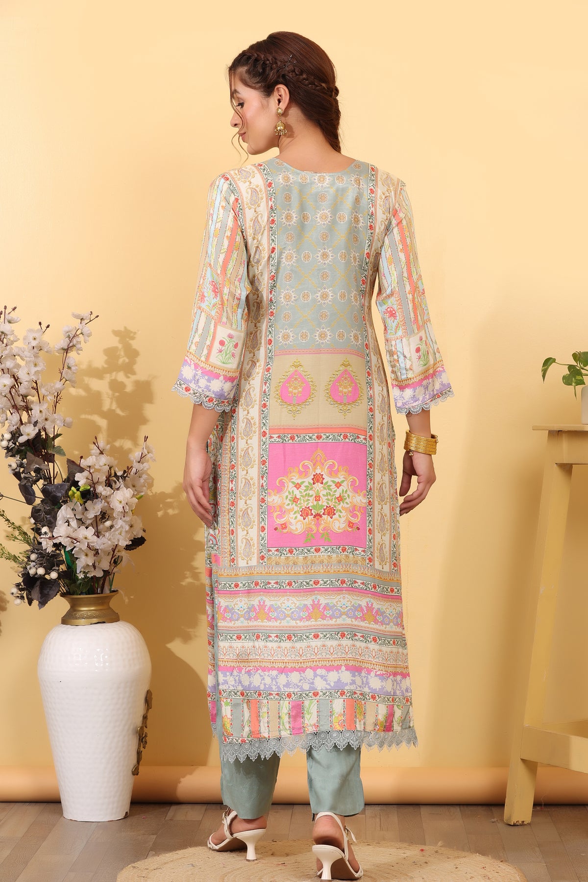 Grey Pink Cream Maslin Silk Printed Salwar Kurta Dupatta Set for Women