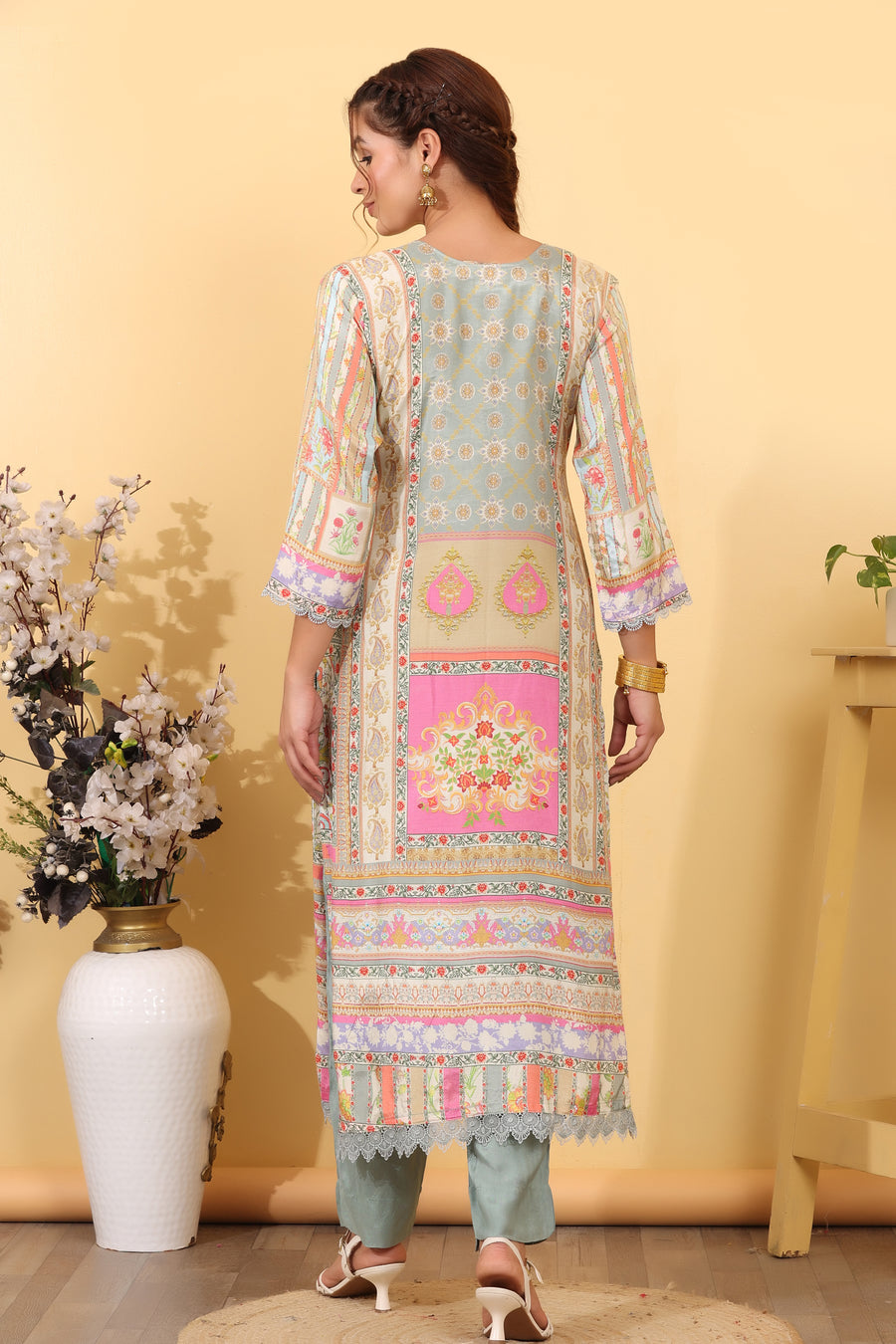 Grey Pink Cream Maslin Silk Printed Salwar Kurta Dupatta Set for Women