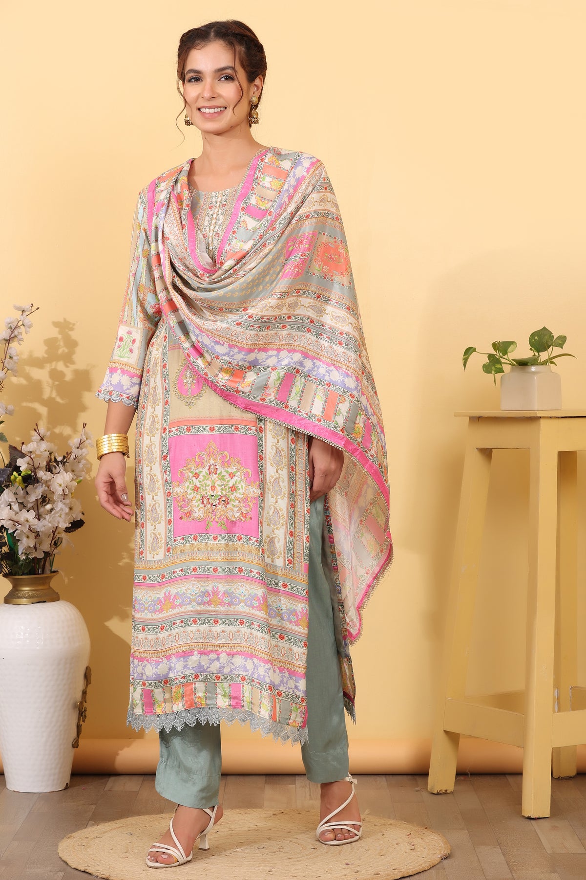 Grey Pink Cream Maslin Silk Printed Salwar Kurta Dupatta Set for Women