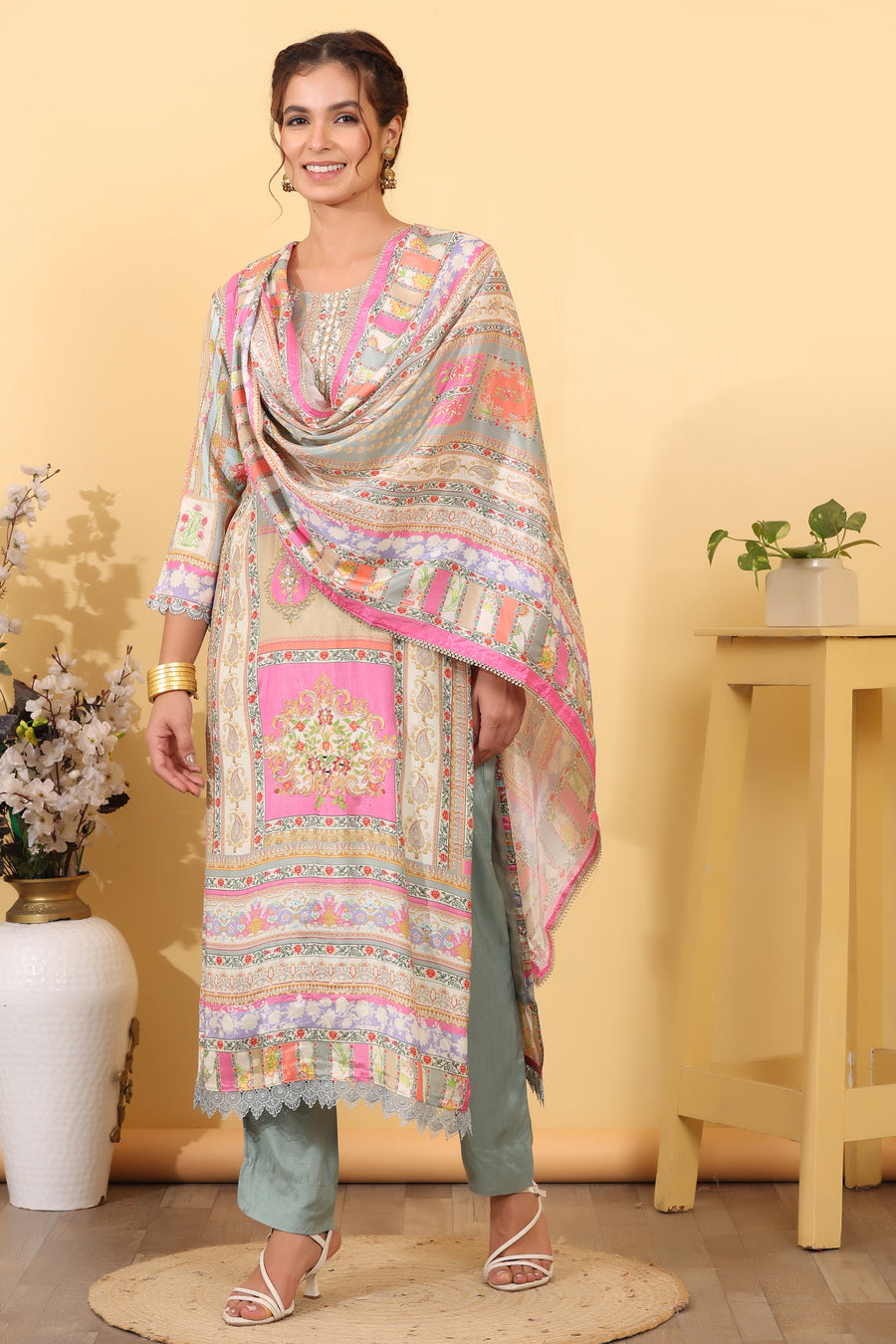Grey Pink Cream Maslin Silk Printed Salwar Kurta Dupatta Set for Women