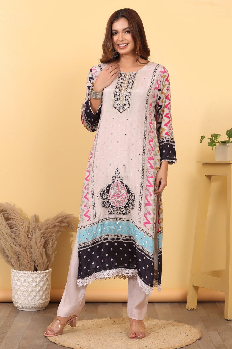 Multicolor Silk Blend Printed Suit Set with Designer Dupatta HSDAASKAR000009
