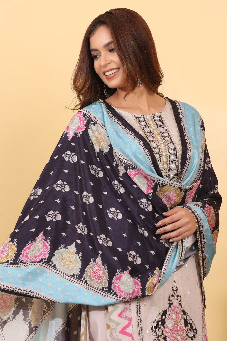 Multicolor Silk Blend Printed Suit Set with Designer Dupatta HSDAASKAR000009