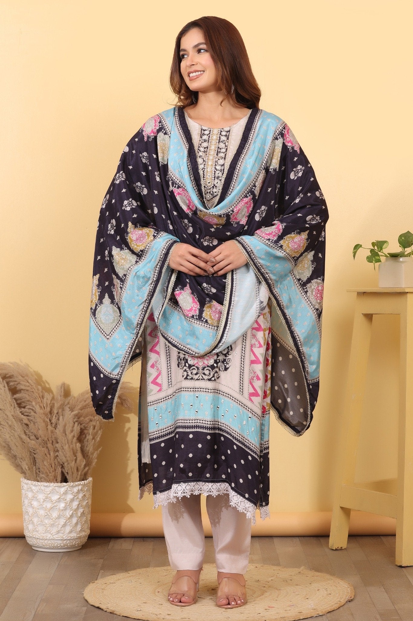Multicolor Silk Blend Printed Suit Set with Designer Dupatta HSDAASKAR000009