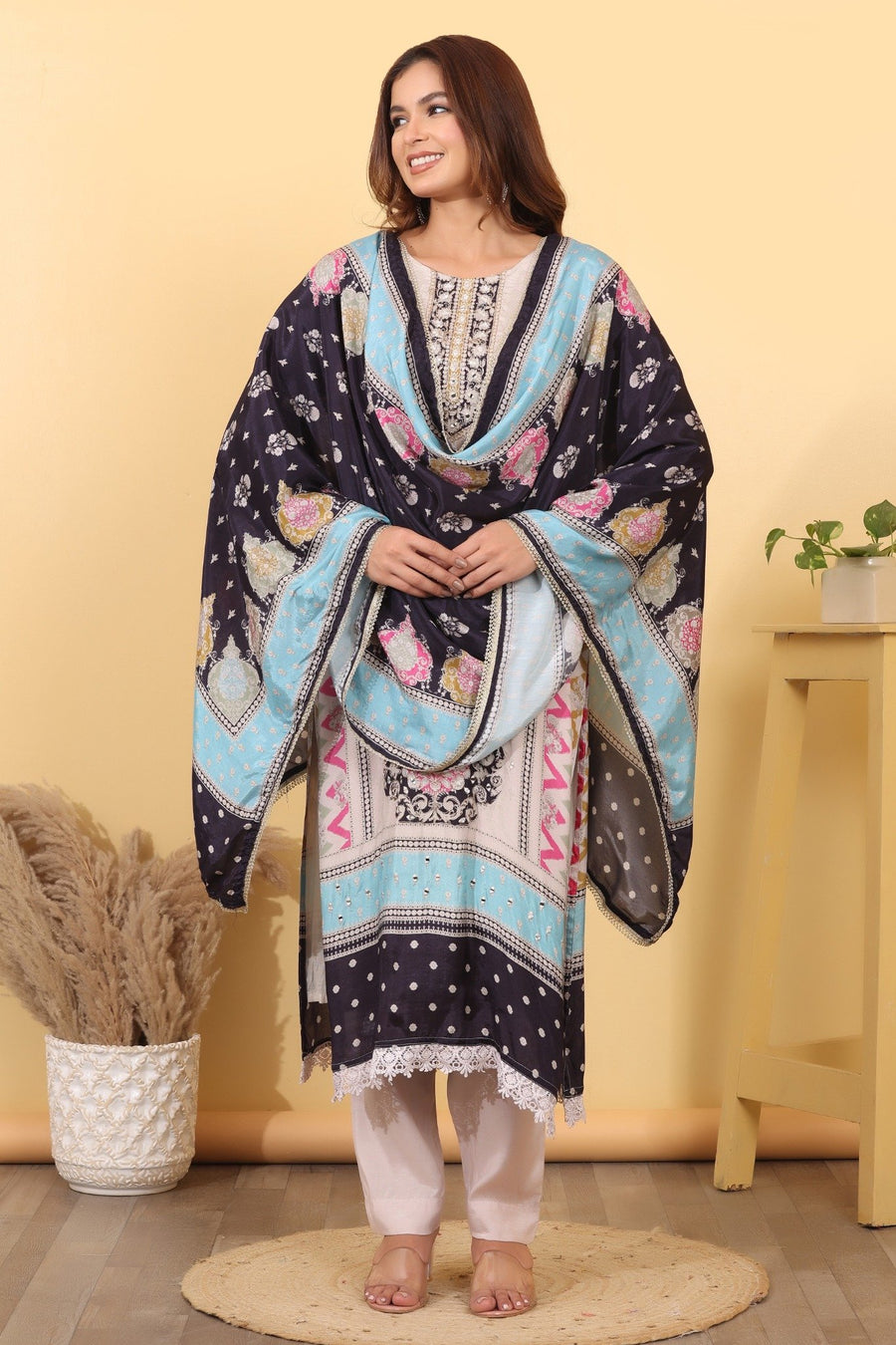 Multicolor Silk Blend Printed Suit Set with Designer Dupatta.