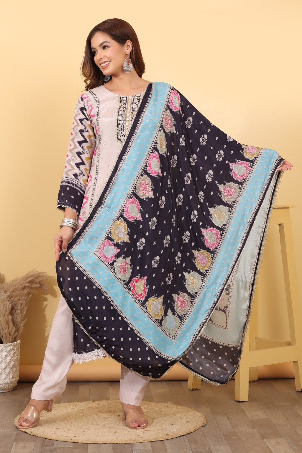 Multicolor Silk Blend Printed Suit Set with Designer Dupatta HSDAASKAR000009