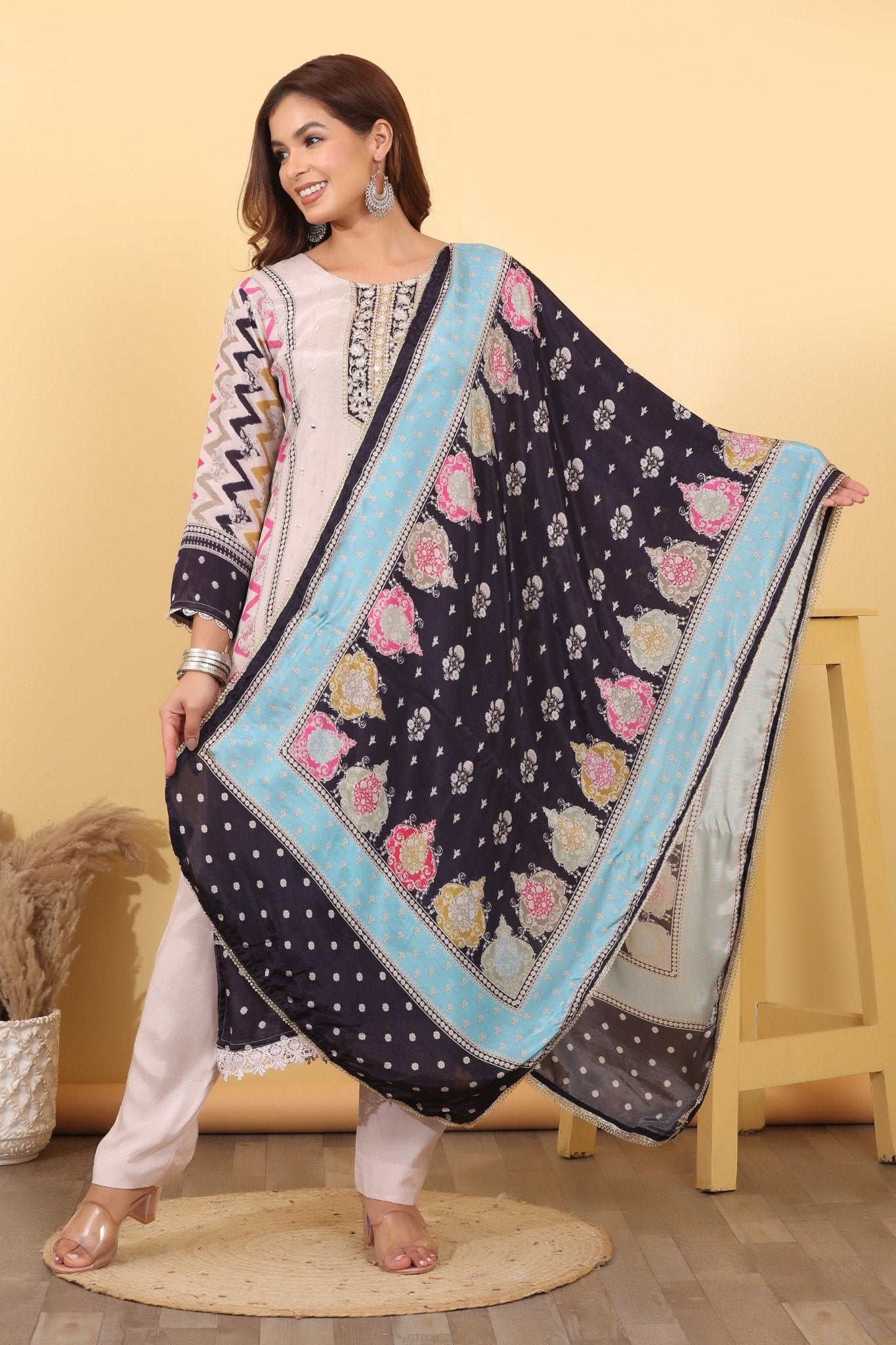 Multicolor Silk Blend Printed Suit Set with Designer Dupatta HSDAASKAR000009