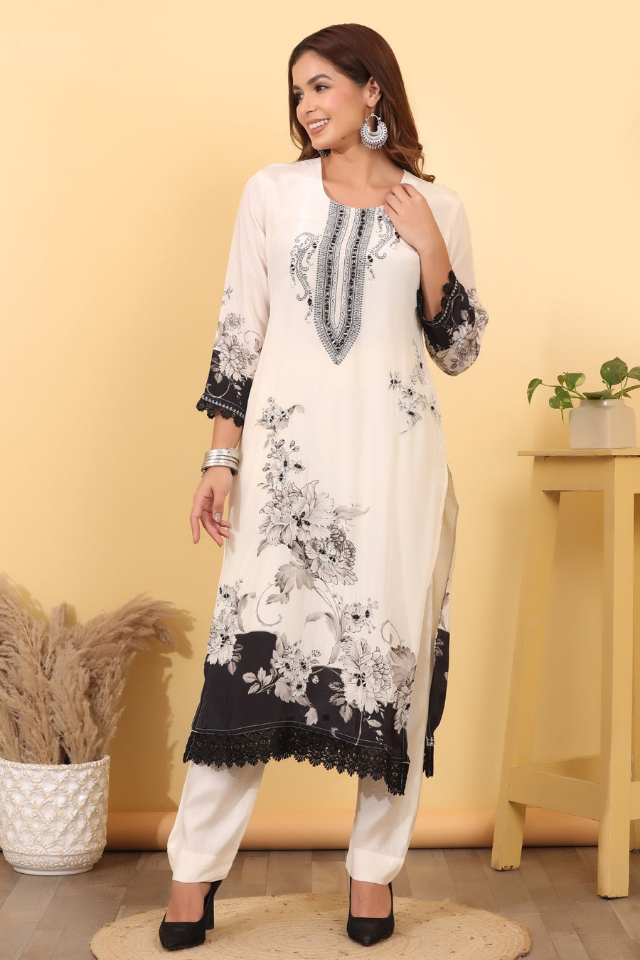 Ivory & Black Floral Printed Suit Set with Designer Dupatta HSDAASKAR000022