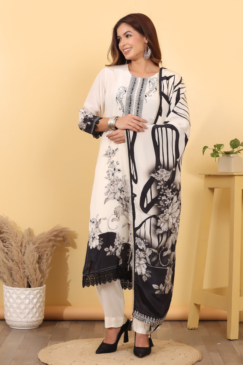 Ivory & Black Floral Printed Suit Set with Designer Dupatta HSDAASKAR000022