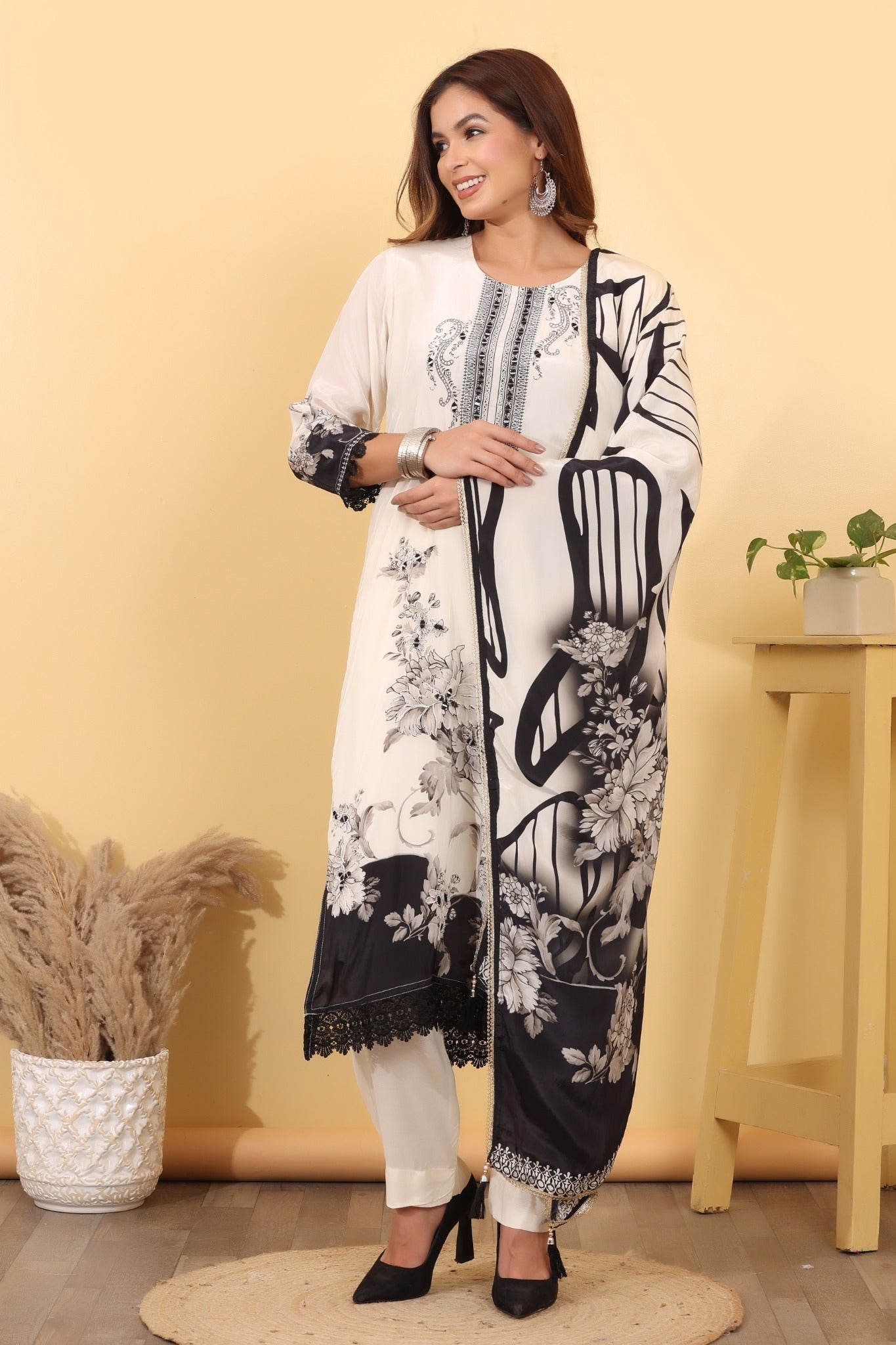 Ivory & Black Floral Printed Suit Set with Designer Dupatta HSDAASKAR000022