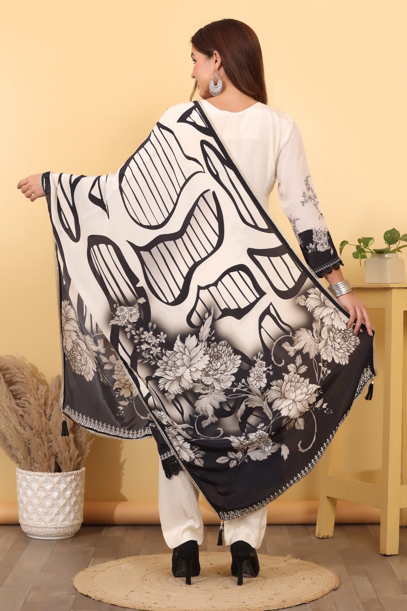 Ivory & Black Floral Printed Suit Set with Designer Dupatta HSDAASKAR000022