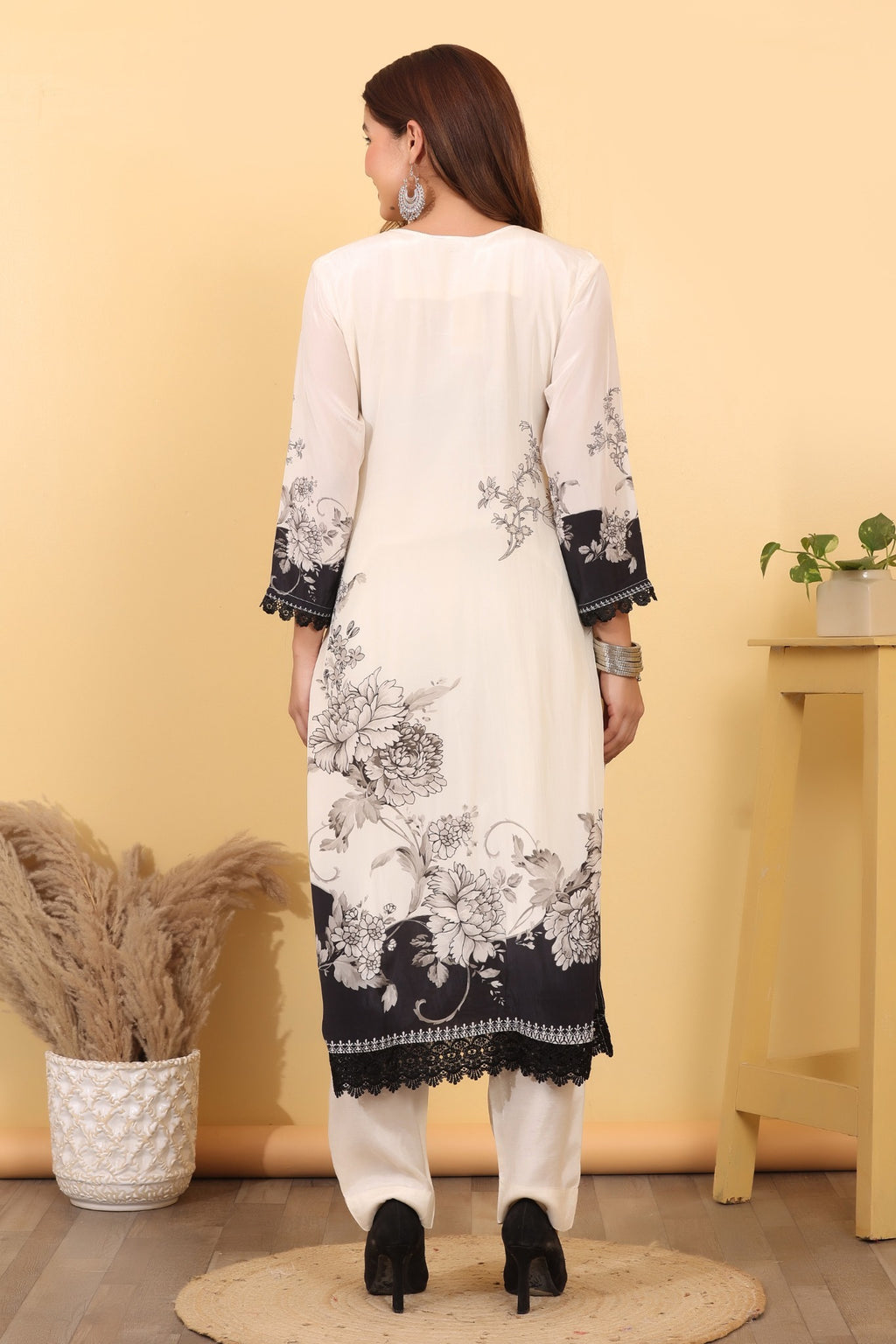 Ivory & Black Floral Printed Suit Set with Designer Dupatta HSDAASKAR000022