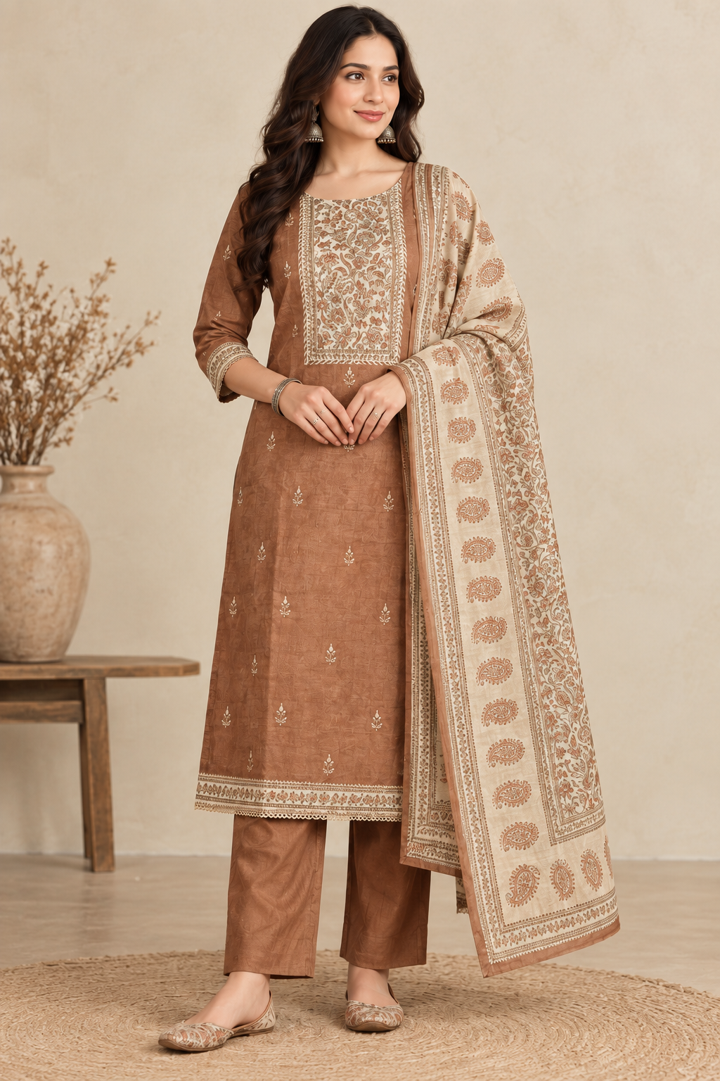 Brown Chanderi Silk Printed Suit Set with Dupatta
