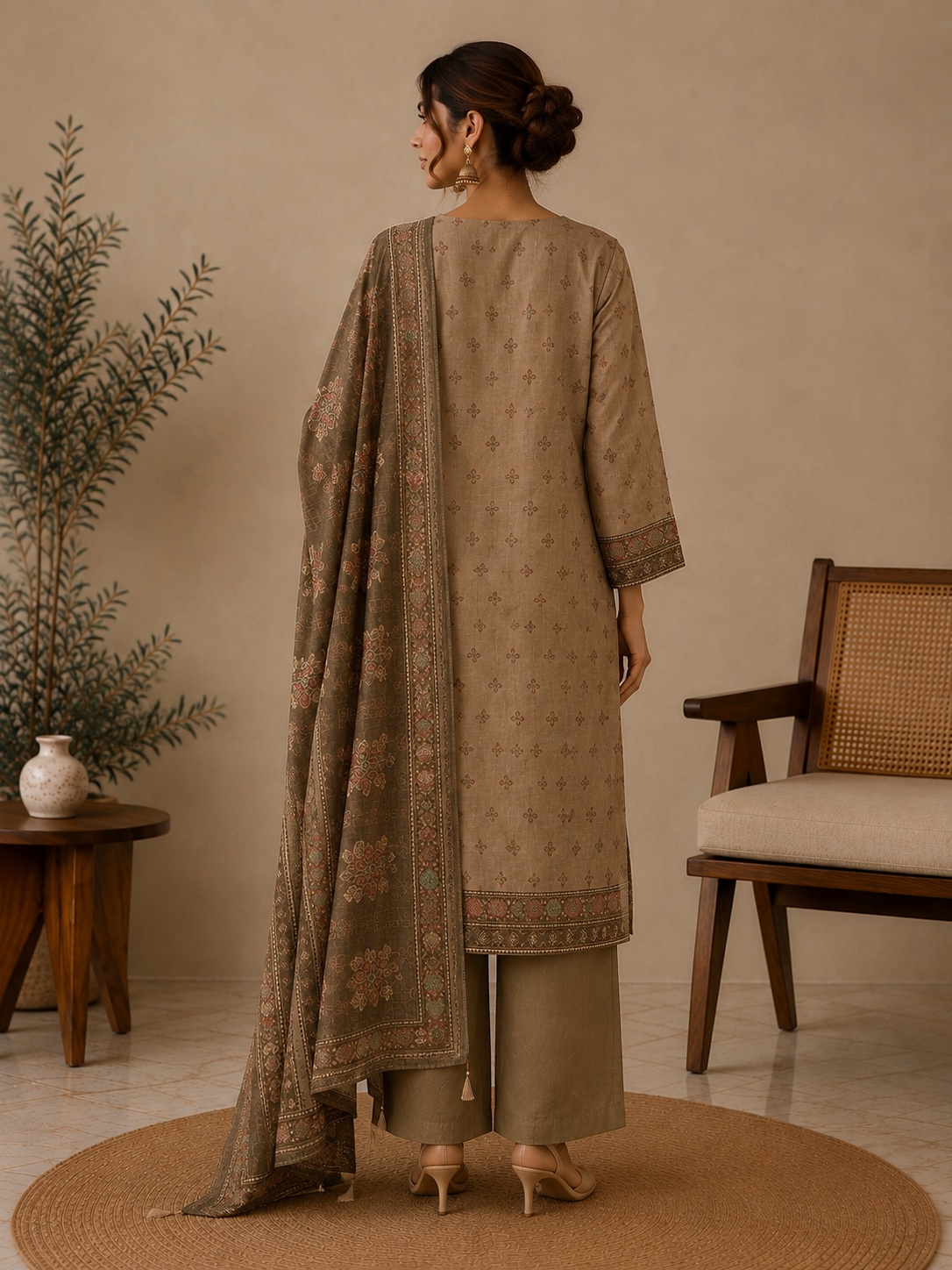 Beige Chanderi Silk Printed Salwar Kurta Dupatta Set for Women