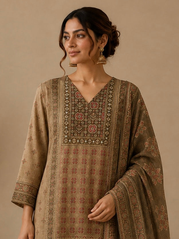 Beige Chanderi Silk Printed Salwar Kurta Dupatta Set for Women