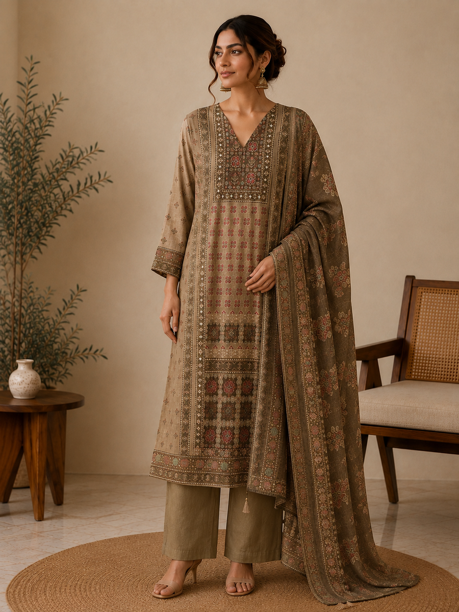 Beige Chanderi Silk Printed Salwar Kurta Dupatta Set for Women