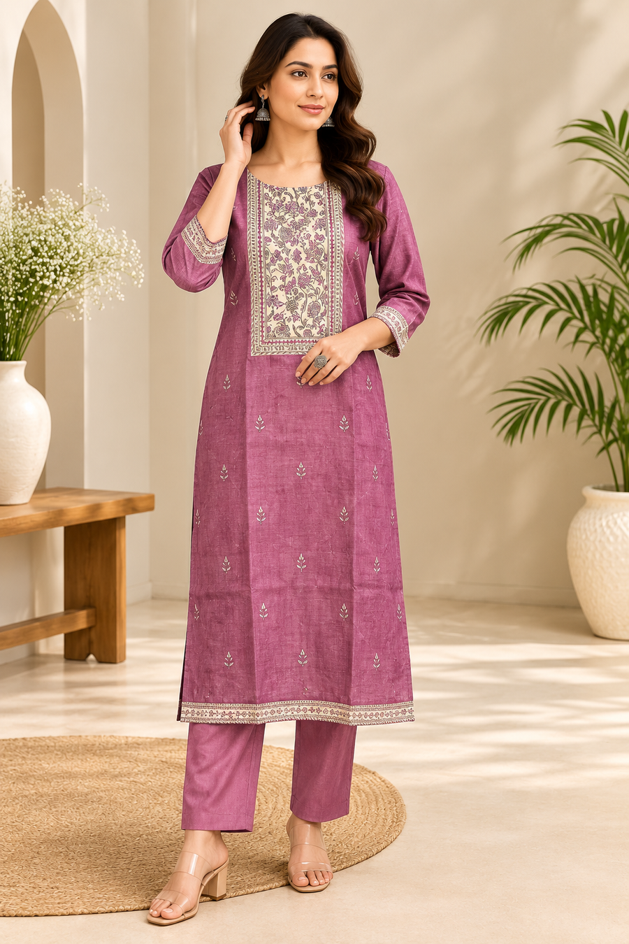 Dusty Plum Chanderi Silk Printed Suit Set with Dupatta
