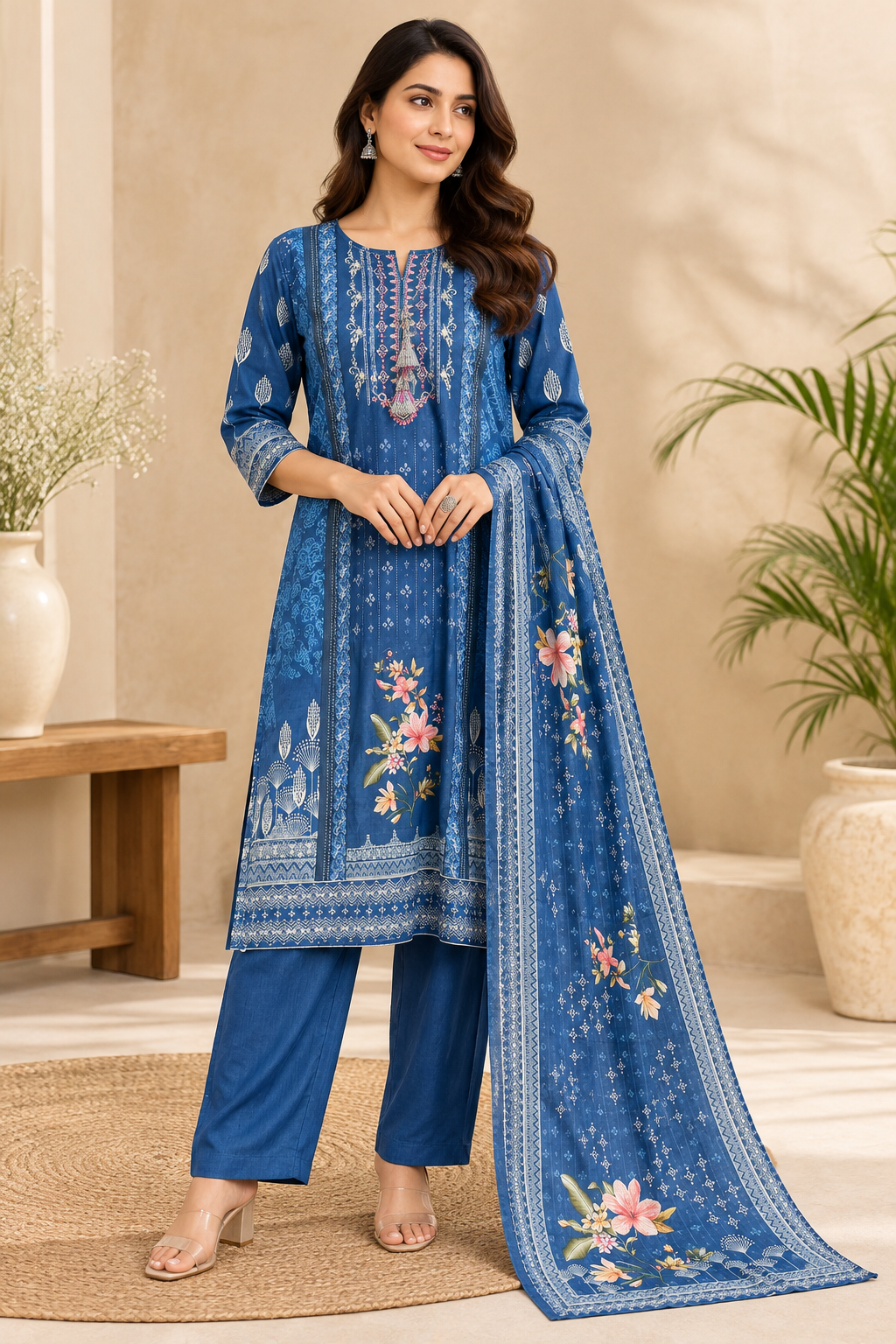 Royal Blue Chanderi Silk Printed Suit Set with Dupatta